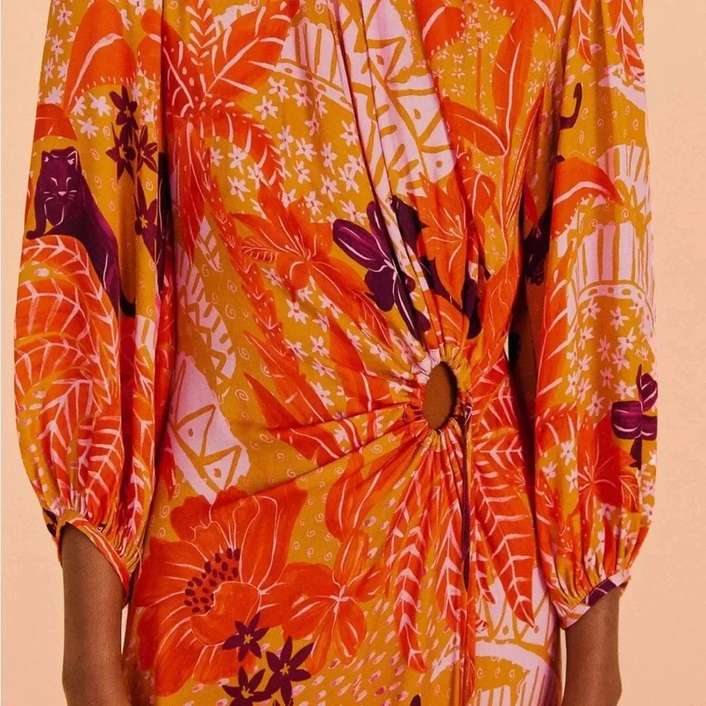 FARM RIO NWT Jungle Panther Print Cinch Keyhole Puff Sleeve Midi Dress S - Picture 6 of 15